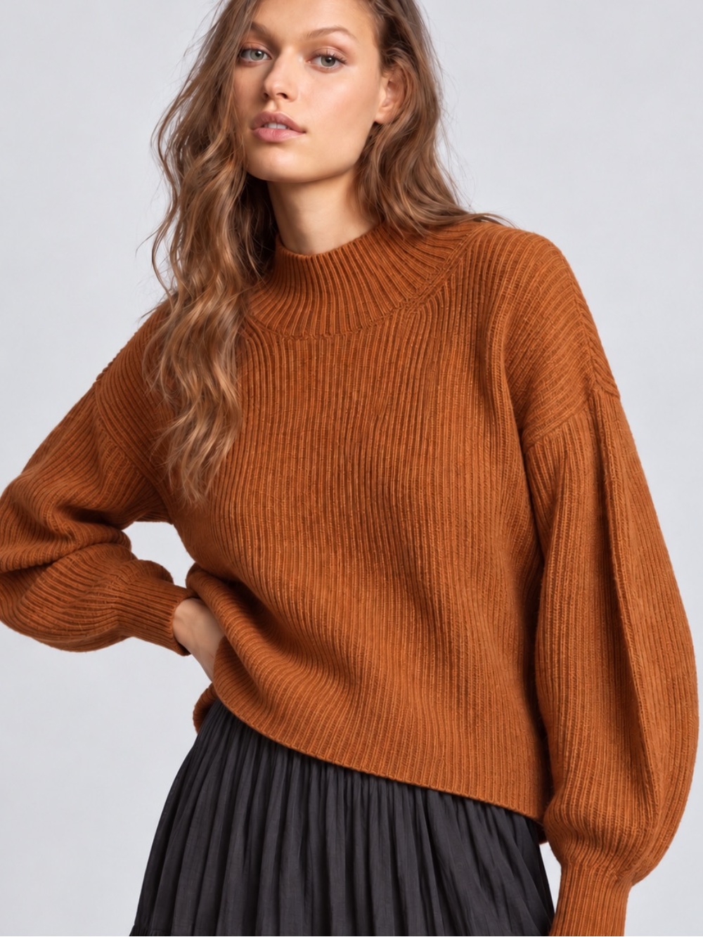 Maeve Anthropologie Pullover Mock Neck Sweater in Rust